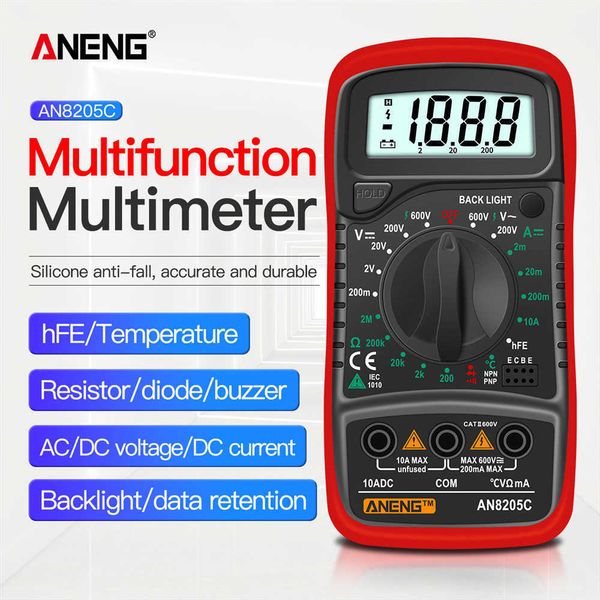 Aneng An8205C Цифровой мультиметровый AC/DC Ammeter Volt OHM Испытатель Meter Metter MultiMetro с портативной ThermoCouple ЖК -подсветки