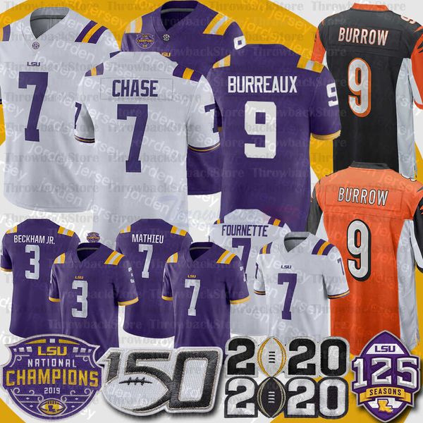 Novas camisas de futebol LSU Tigers Joe Burrow Burreaux Jersey JaMarr Chase Leonard Fournette Odell Beckham Jr. Tyrann Mathieu Patrick Peterson Guice Football Jersey