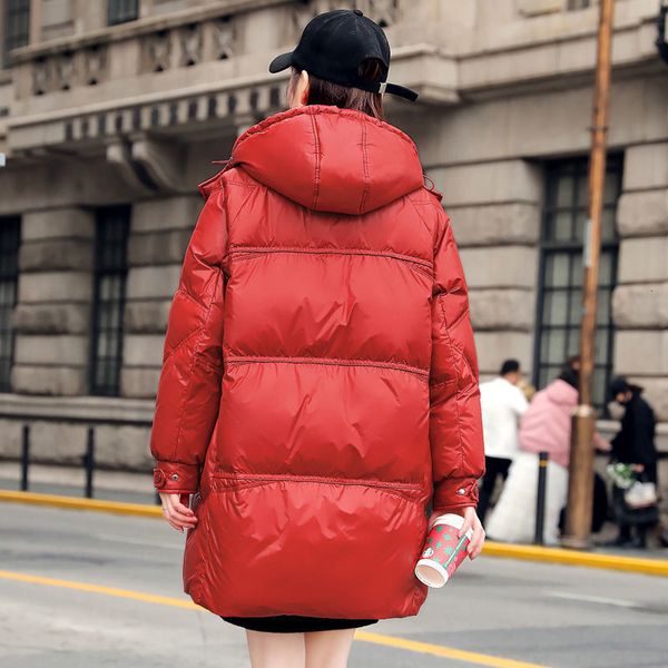 Mulheres para baixo parkas senhoras inverno brilhante midlength jaqueta streetwear coreano solto com capuz quente pato branco para baixo harajuku parka casaco l564 221208