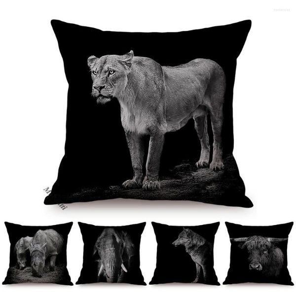 Travesseiro preto na África de pastagem de origem caseira decoração de sofá case leão elefante yak gorilla linho capa Kussen 45x45