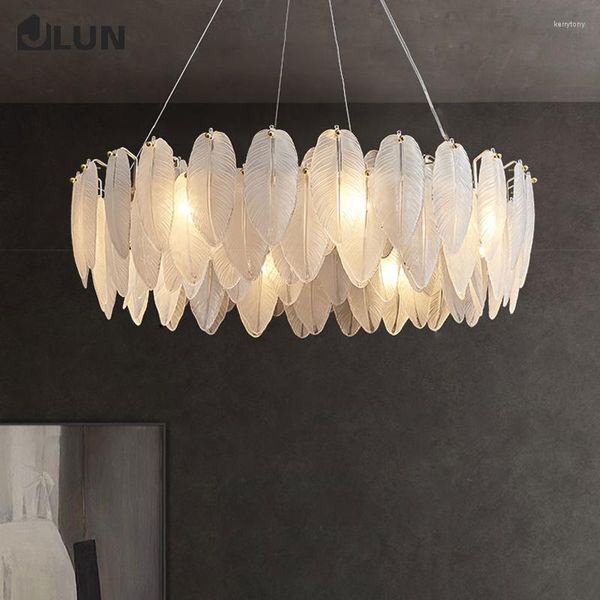 Lustres leves lustres de luxo lustre lâmpada branca vidro de penas de vidro moderno atmosfera minimalista quarto de jantar