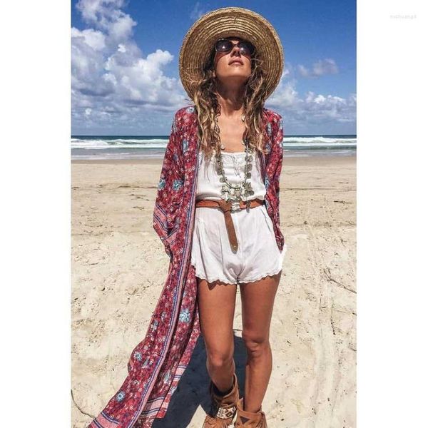 Damenblusen, super schick, Wein-Kimono-Ärmel, Robe, Kaftan, Blumendruck, Boho-Cardigan, sexy Seitenschlitze, Gypsy-Strand, Sommer, lange Damen-Blusa