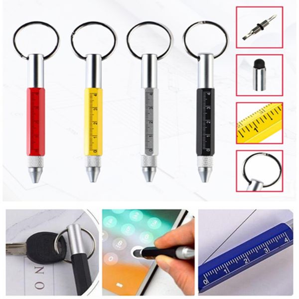 Multi Funcional Creative Metal Ballpond Pen Outdoor Tool Tawled Chain Tecla anel de curta escala Touch Screen Seis em uma caneta LK398