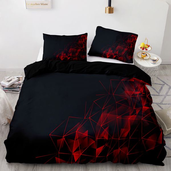 Set di biancheria da letto Set di motivi a griglia poligonale incandescente rosso Copripiumino 135x200 con federa Trapunta 260x220 Coperta nera 221208