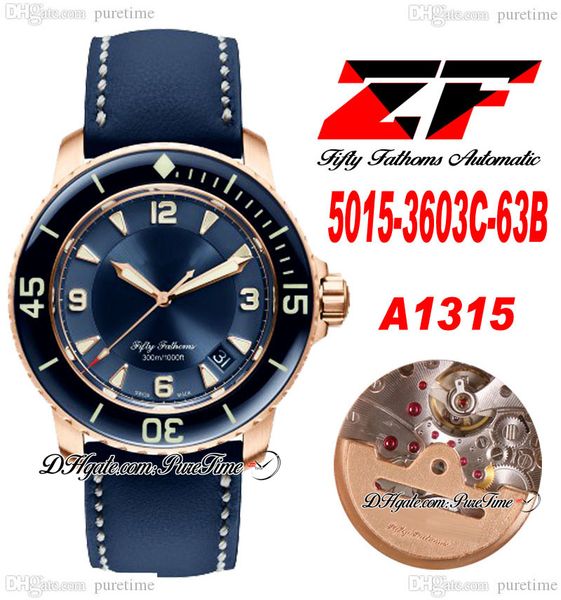 ZF Fifty Fathoms 5015-3603C-63B A1315 Mens Automático Relógio 50 FATHOMS 18K Rose Gold Blue Dial Blue Sail-Canvas Strap Super Edition PureTime B2