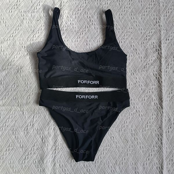 Costumi da bagno da donna con fettuccia a lettere Bikini neri a vita alta Costumi da bagno divisi per le vacanze estive Tankini da spiaggia imbottiti