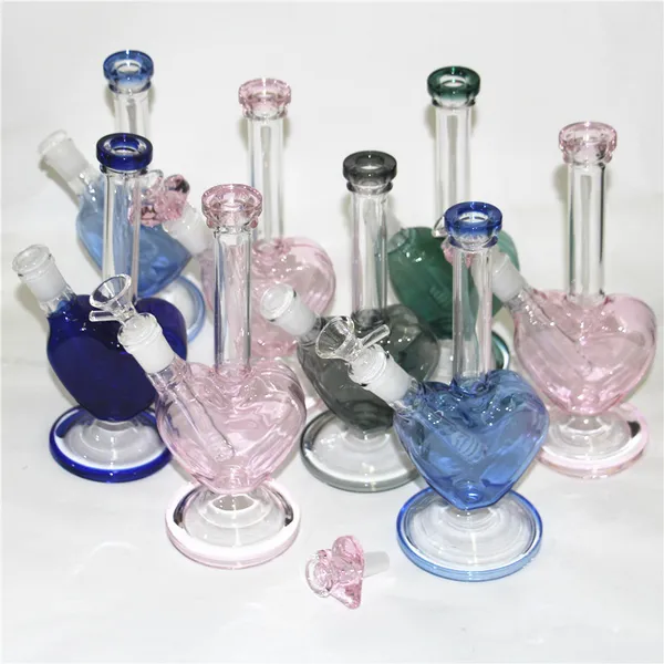 Pink Heart Shape Glass Bong Glass Dab Rig Lokah Shisha Beaker Bongos fumando Bubbler de filtro de tubo de água W Catcher de gelo