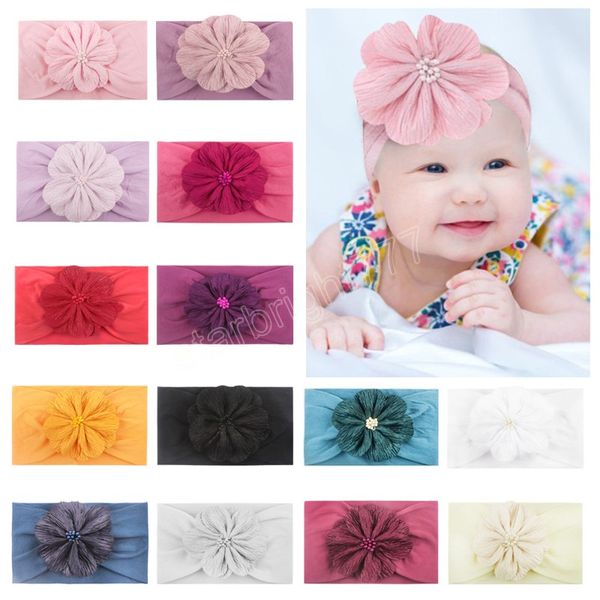 Niedliche handgemachte gefaltete Blumen Säuglingsstirnband Bequemes weiches elastisches Nylon-Haarband Babyzubehör Foto-Requisiten