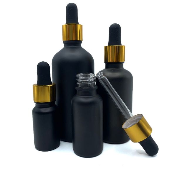 Mattschwarze Glasflaschen für ätherische Öle mit goldenem Augentropfenverschluss, 5 ml, 10 ml, 15 ml, 20 ml, 30 ml, 50 ml, 100 ml, Hautpflege-Serumflasche