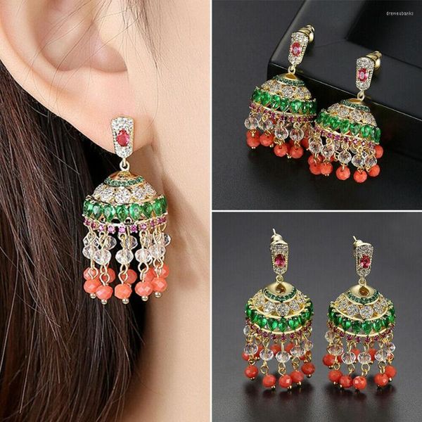 Baumeln Ohrringe Frauen Jhumka Quaste Drop Glocken Zirkon Perlen Für Braut Hochzeit Schmuck Party Vintage Weihnachten Ethnische Geschenke