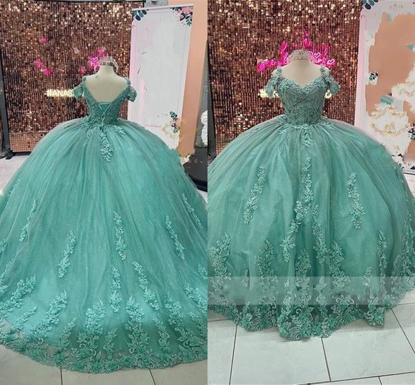 2023 moda s￡lvia verde quinceanera veste flores de renda floral Apliques de mi￧angas frias fora do ombro vestidos de bola Tulle baile doce 16 vestido feminino