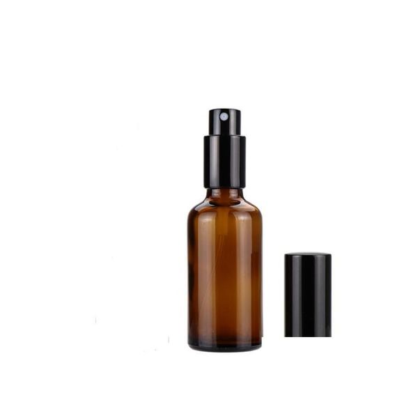 Bottiglie di imballaggio Spessa 50 ml di vetro ambrato Spray Bottiglia di oli essenziali all'ingrosso con pompa nera Spruzzatore Tappo d'oro per cosmetici per goccia Dhhke