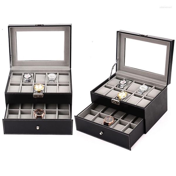 Caixas de relógio Caixas duplas de camada dupla de 20 bits de armazenamento de couro pu de couro transparente e organizador de jóias