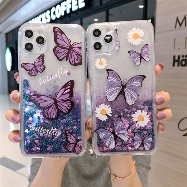 Luxushüllen Butterfly Quicksand Soft Phone Case für iPhone 15 11 Pro 12 13 Cover 14 8 7 Plus xs max xr x Hülle Glitzer Liebe Herz Flüssigkeit