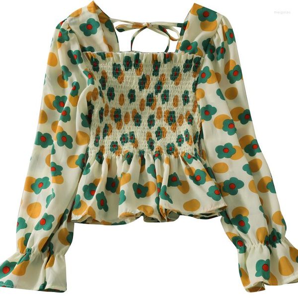 Blusas femininas plissadas manchas de laço quadrado de pescoço estampado grande bolca de bolinhas de chiffon de manga larada