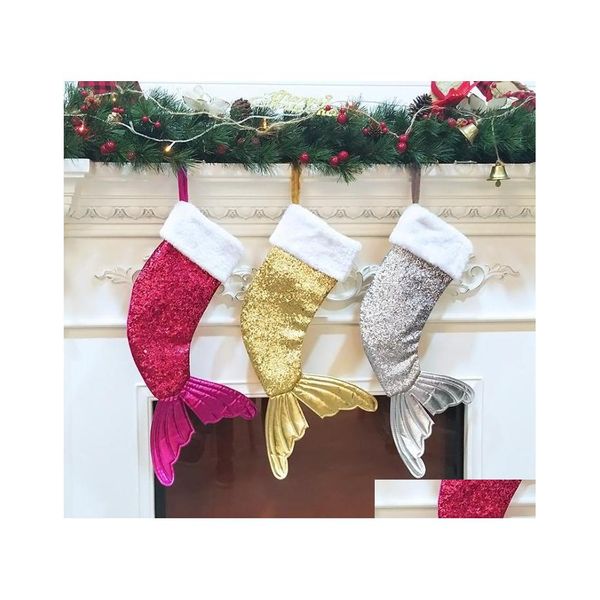 Decorações de Natal Mermaid Tail meias de presente embrulhando crianças bolsas de doce árvore decoração de festa em casa tamanho grande presente de natal dr dhlre