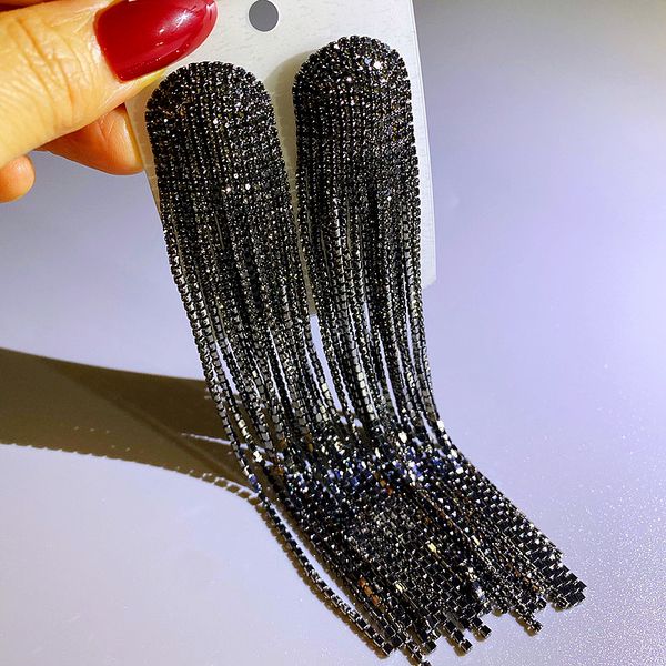 Brincos de gota de stromestone completos para mulheres de brincos de cristal preto longos Brincos de jóias de moda