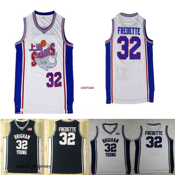 Brigham Young Cougars College Maglie da basket 32 Shanghai Sharks Jimmer Fredette Camicie blu navy cucite Maglia bianca