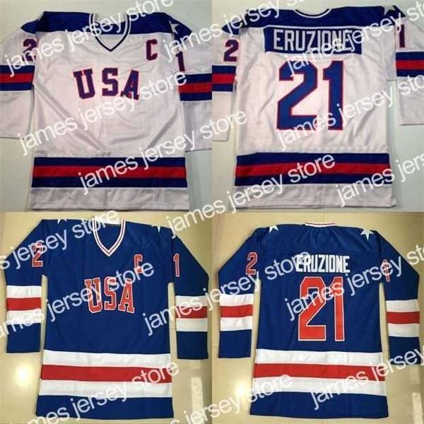 College Hockey Wears Nik1 # 21 Mike Eruzione Jersey 1980 Miracle On Ice Hockey Jersey Uomo 100% Ricamo cucito s Team USA Maglie da hockey Blu Bianco