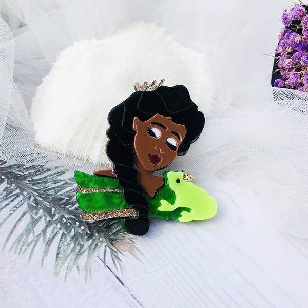 Broches wulibaby acrílico preto cabelo senhora para mulheres unissex verde sapo e fada fada figura figura festa de broche pino presentes