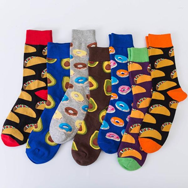 Meias masculinas 2022 Men colorido penteado Cotton Donut Food Série de alimentos padrão Casual Vestido de festa feliz Crazy Chaussettes