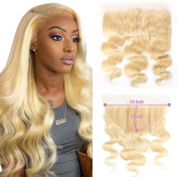 13x6 Transparente HD Lace Frontal 613# Loira Corporal Brasileiro Onda Fecho de Cabelo Humano Pré Arrancado com Cabelo de Bebê