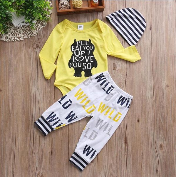 Set di abbigliamento 3PCS Baby Boy Set Born Girls Clothes Ti mangerò I LOVE SO Pagliaccetti Pantaloni Cappello Toddle Outfits