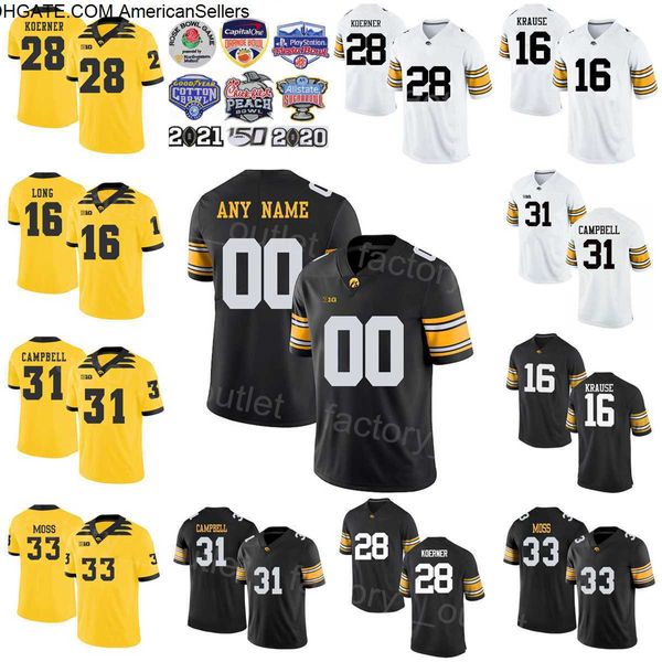 NCAA Iowa Hawkeyes College Football 31 Jack Campbell Jersey 28 Jack Koerner 33 Riley Moss 16 Paul Krause 33 Bob Sanders 16 Chuck Long Nero Bianco Giallo