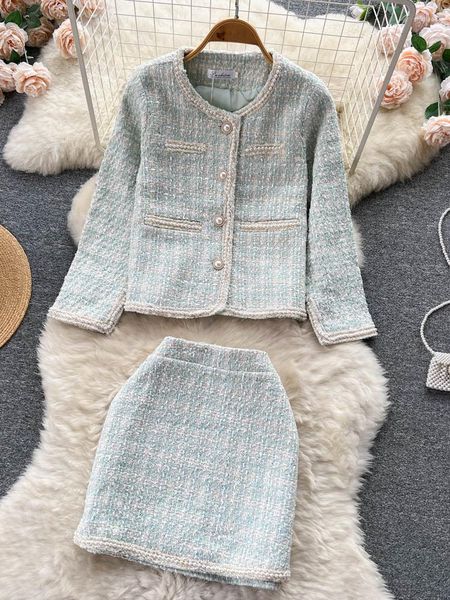 Abiti da lavoro Stile coreano Abiti da donna Moda Tweed con perline Giacca in lana monopetto Cappotto Gonna Abiti Autunno Verde chiaro Set 2 pezzi