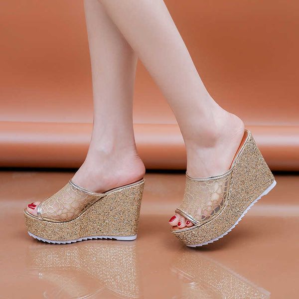 Sandalen Bling Goldene Frauen Hausschuhe Sommer Schuhe Plattform 4 cm Außerhalb Umkleidekabine 11 cm High Heels Keile Solide Mesh weibliche Slides T221209