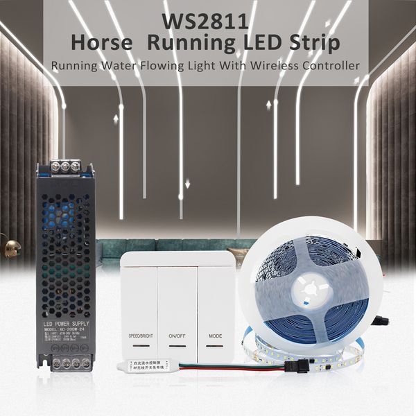 WS2811 2835SMD 24V DC Eau courante Bande LED Lumière qui coule Contrôleur sans fil Course de chevaux LED Ruban de lampe flexible 120Leds / M IP30 10M 15M Kit