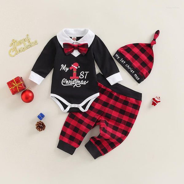 Kleidungssets Weihnachten Kleinkind Baby Jungen Anzug Set Brief Drucken Revers Langarm Strampler mit Fliege Plaid Hosen Hut 0-12 Monate