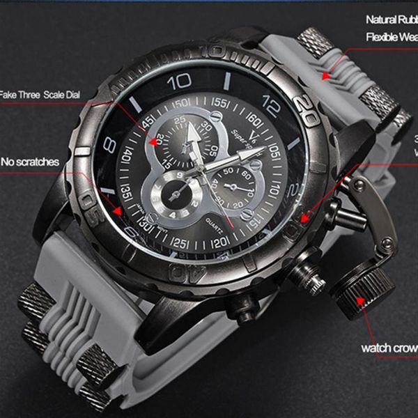 Мужчины смотрят 2018 новый V6 Super Speed ​​Силиконовый кварц 3D Surface Male Hour Analog Angy Antry Big Dial Sport Man Watch188u