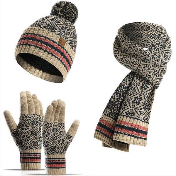 Schals S Schal Handschuhe Set Winter Stricken neuer Jacquarddruck warme Acrylmütze Touchscreen Glov 3-teilig