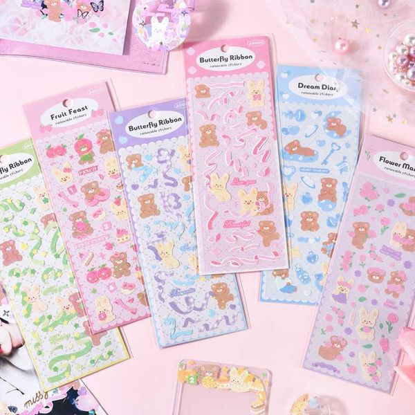 12 lençóis adesivos de urso fofos define desenho animado bling fbon flor Note Stick for Gift Diary álbum decoração A7166