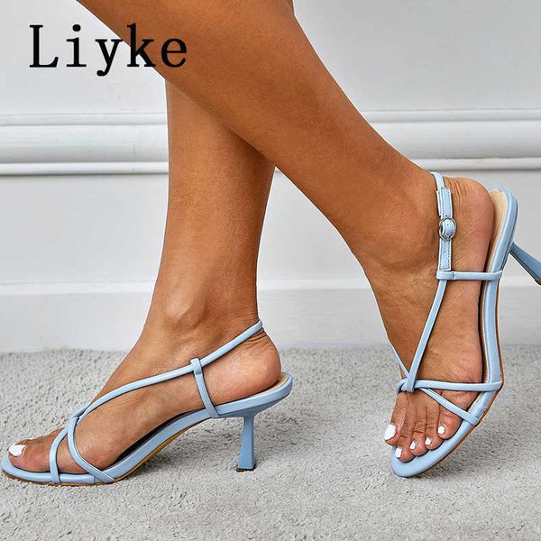 Gladiator dünne 2022 Sandalen Low Liyke Neue Heels Frauen Sommer lässiger offenes Zehen schmale Band Stiletto Weißblau Damen Schuhe Pumpen T221209 509