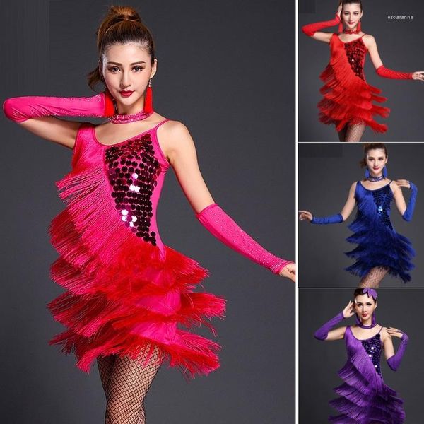 Stage Wear Adult Women Ladies Tango Ballroom Competition Abiti Rosso Rosa Viola Latino Salsa Dancewear Costume da ballo con paillettes con frange