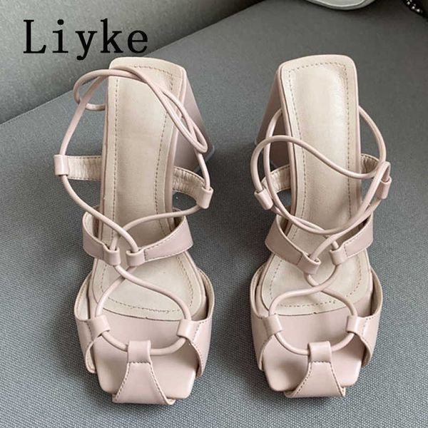 Sexy Hollow Cross Liyke schmale Band Frauen Pumps Sandalen Sommerquadratize Strange High Heels Rückengurt Hochzeit E9A6