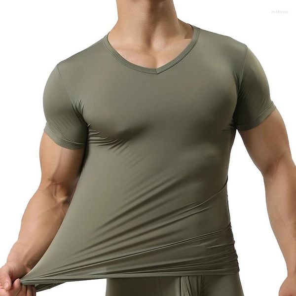 Herren T-Shirts Mann Seiden männlicher Nylon V-Ausschnitt Kurzärmele Tops Ultradünne kühle Nachtwäsche Unterträte