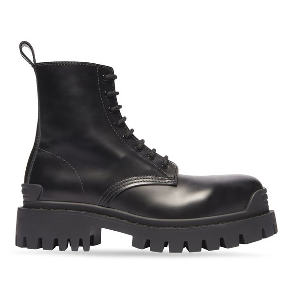 BB-Strike 20mm Stiefel Schwarze Rinderstiefel Gummi-Effekt Kuhleder vorne und Rückenmarke große runde Kopf-/Schnürstiefel