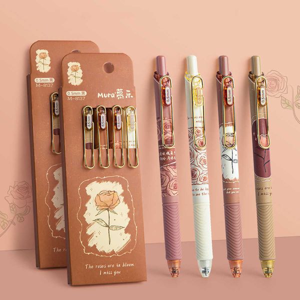 4pcs Rose e Poesia Penne Gel Set Retro Flower Design 0.5mm Penna a Sfera Inchiostro a Colori Nero per Scrivere Ufficio Scuola A7205