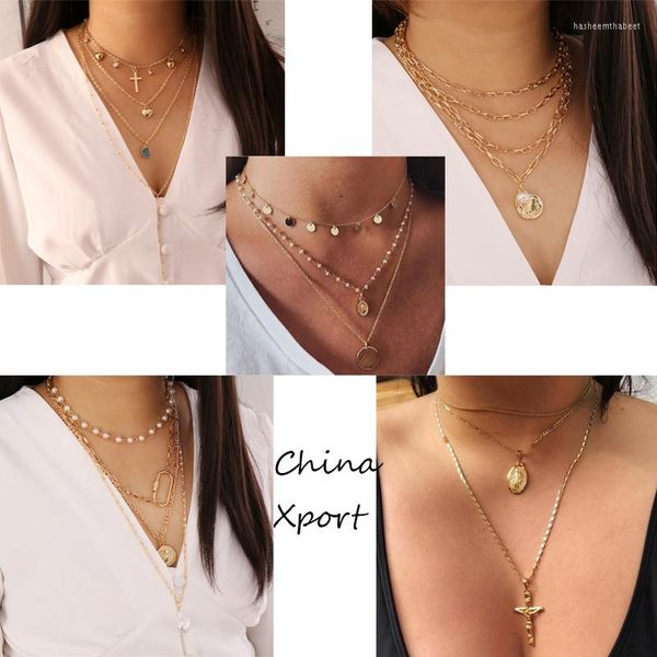 Collane con ciondolo Moneta Pendenti con croce di Gesù Multi strati Donne eleganti che vendono gioielli per ragazze Collana graziosa Design creativo