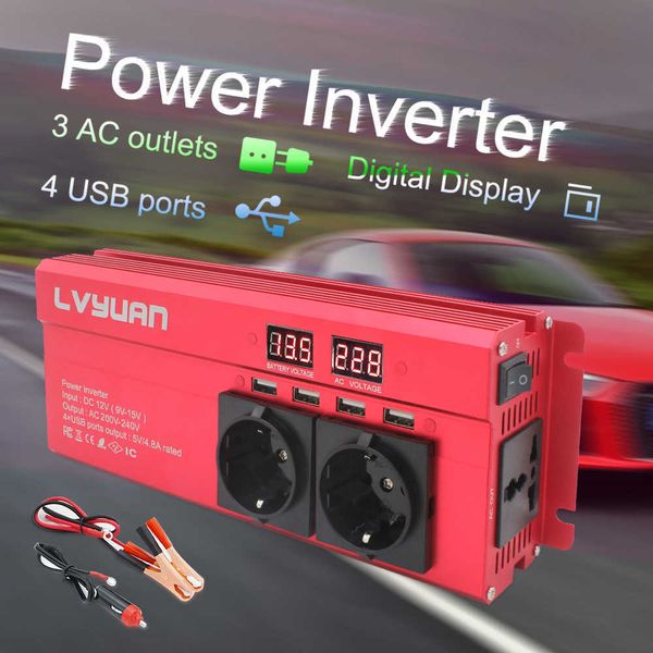 Trasformatore di alimentazione per auto da 2000 W 12 v 220 v Spina europea 3 prese CA 4 Convertitore USB Inverter solare per