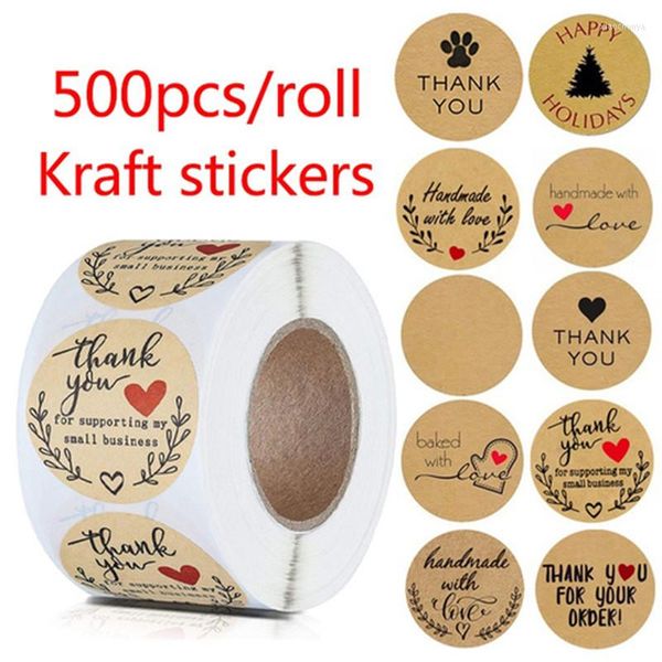 Emballage cadeau 500 pièces papier Kraft merci autocollants avec coeur rouge étiquettes faites à la main autocollant pour entreprise enveloppe scellage papeterie