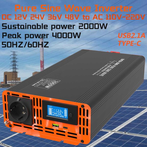 Процветающий инвертор синусоинасового преобразователя солнечный инвертор 2000W Пиковая мощность 4000 Вт DC12V 24 В 36 В 48 В до AC 110V 220V имеет USB Type-C
