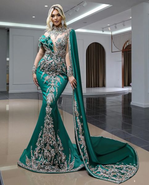 Mermas de luxo Pearls Sereia vestido de noite de manga comprida Cristal de pescoço alto vestidos de baile árabe formal com capa plus size