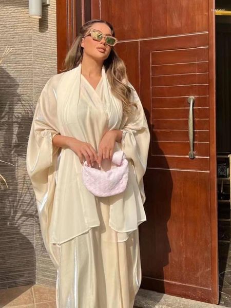Abbigliamento etnico Satin Open Abaya Kimono Shiny Hijab Abito musulmano Donna Kaftan Islam Batwing Abaya Cardigan Abiti Turchia Party Dubai