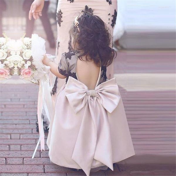 Mädchen Kleider Spitze Satin Baby Kinder Blumenmädchen Knöchellangen Erstkommunion Kurzarm Rückenfrei Für Große Schleife Prom Prinzessin Kleid