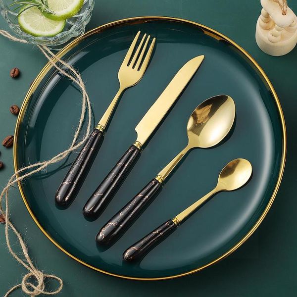 Geschirr Sets Keramik Griff Gold Besteck Set Edelstahl Geschirr Abendessen Gabel Messer Löffel Spülmaschinenfest Küche