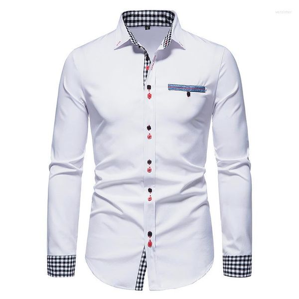 Camisas casuais masculinas contraste de outono cor de gola de colarinho de manga longa vestido de botão camisa masculina luxo